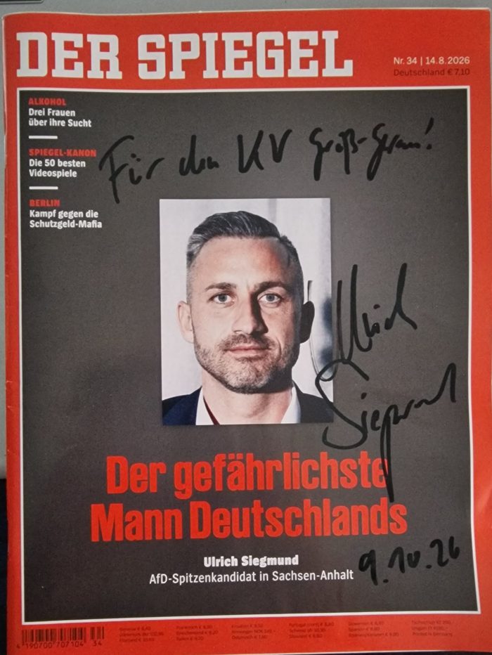 SPIEGEL Nr. 34/2026 mit Ulrich Siegmund auf dem Titel, signiert und mit Widmung „Für den KV Groß-Gerau!“